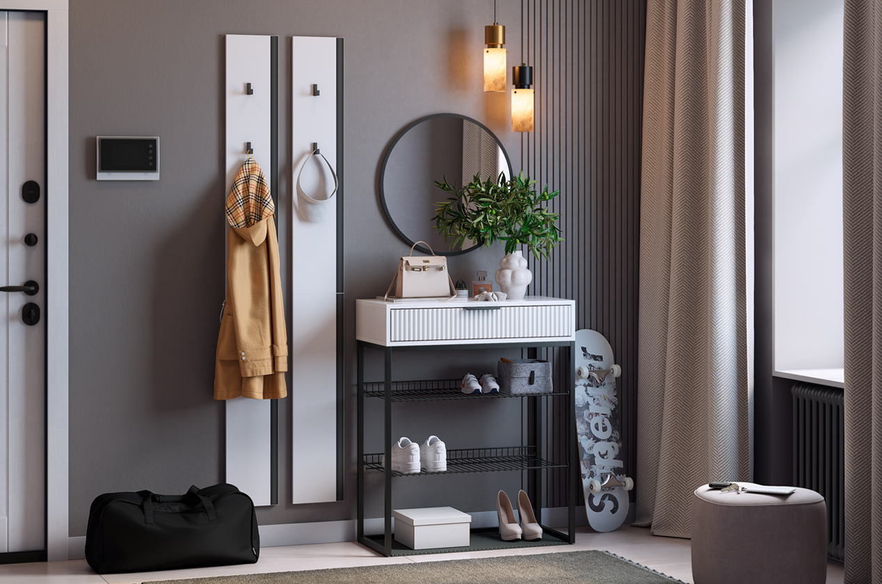 Прихожая "Мебельсон К19" (1300х334х1750) (белое дерево/черный муар/черный)