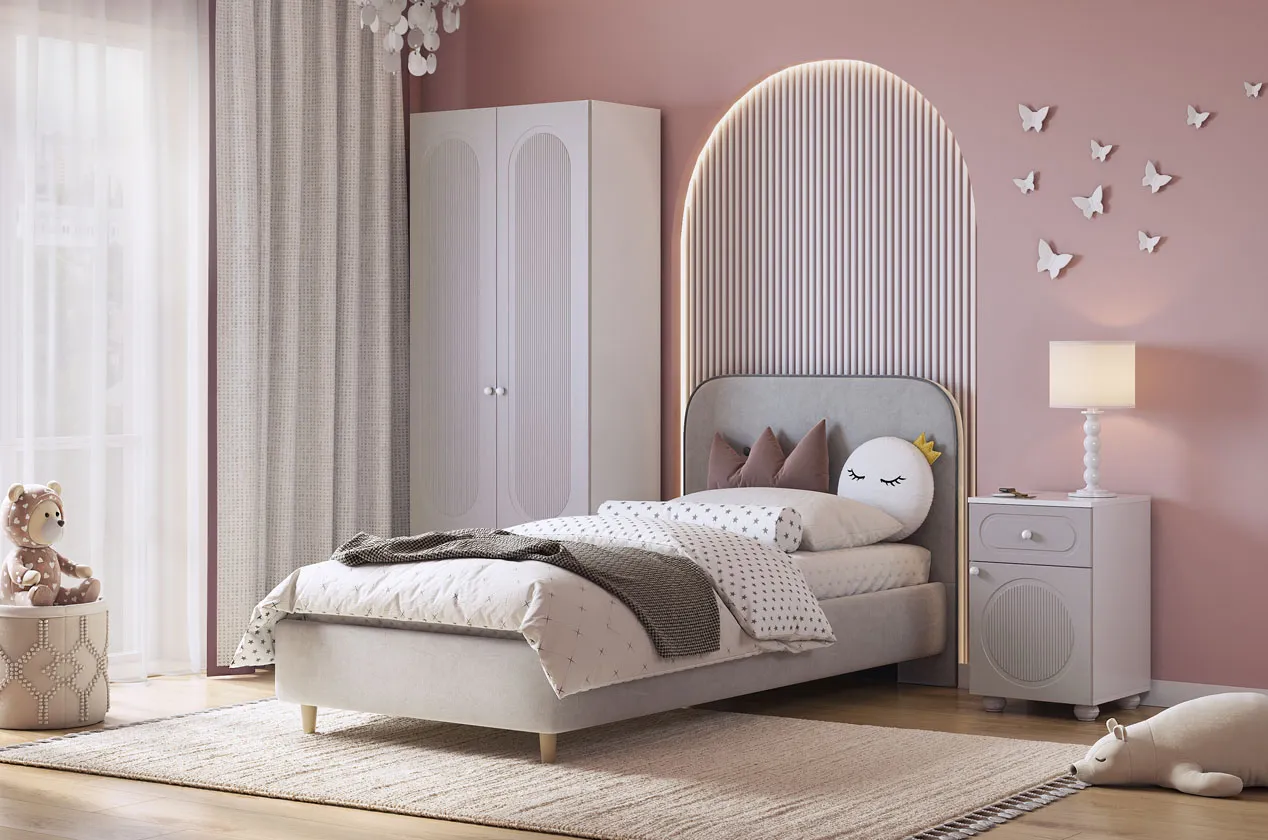 Набор детской мебели "Милана К1" (белое дерево/сакура/галька (велюр)/графит (велюр))