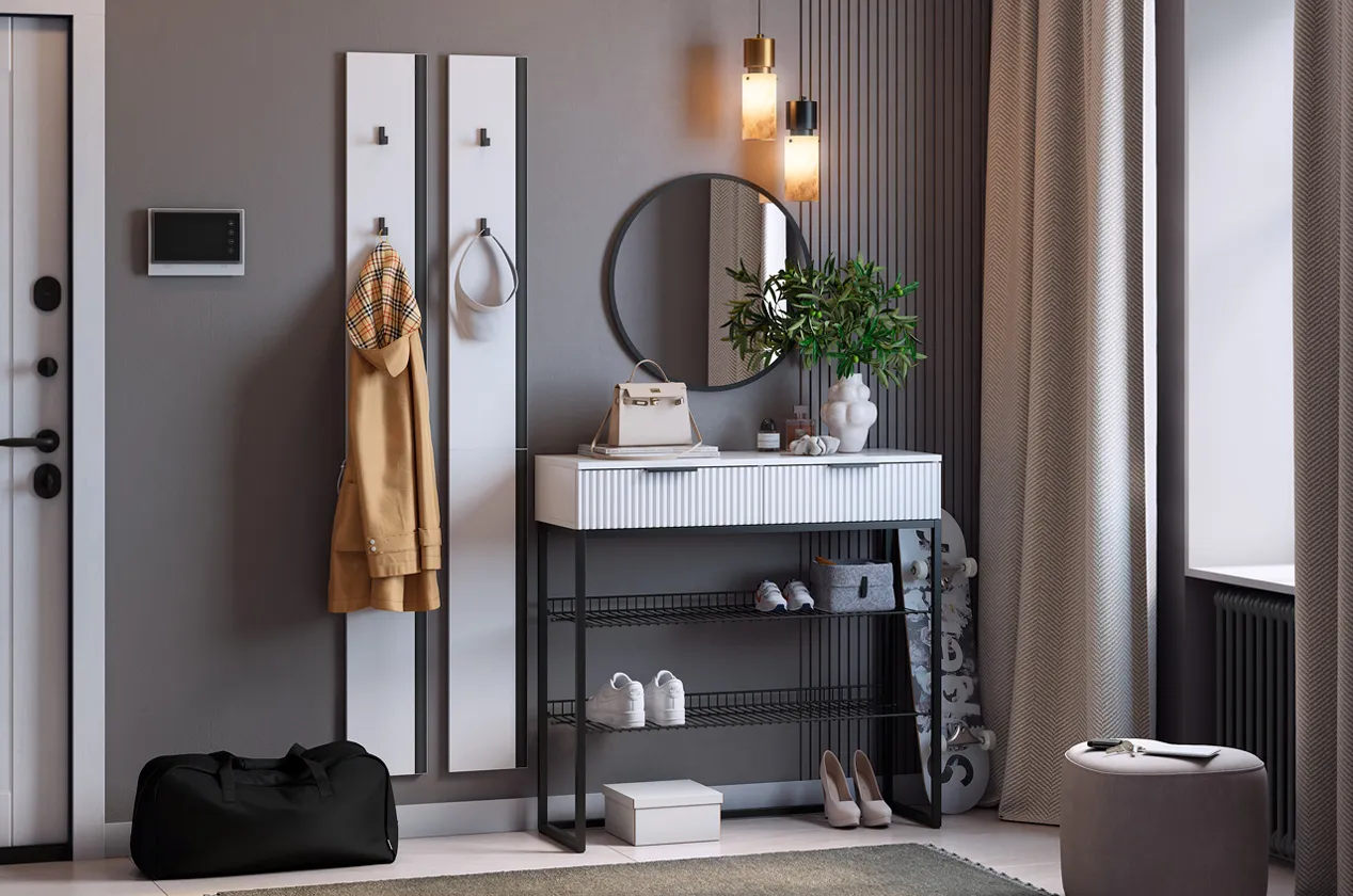 Прихожая "Мебельсон К20" (1502х335х1750) (белое дерево/черный муар/черный)