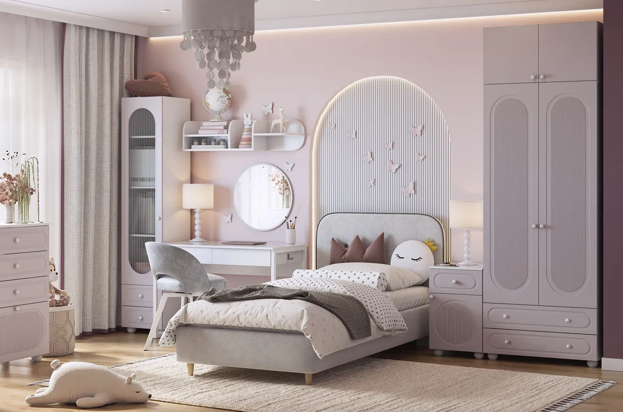 Набор детской мебели "Милана К4" (белое дерево/сакура/белый муар/галька (велюр)/графит (велюр))